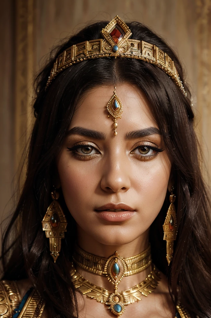a detailed portrait of Cleopatra VII, beautiful detailed eyes, beautiful detailed lips, extremely detailed face, long eyelashes, ancient Egyptian queen, flowing headdress, ornate jewelry, dramatic makeup, serene expression, dramatic lighting, intricate patterned dress, warm color palette, detailed historical setting, cinematic composition, photorealistic, 8k, high quality, digital art, masterpiece