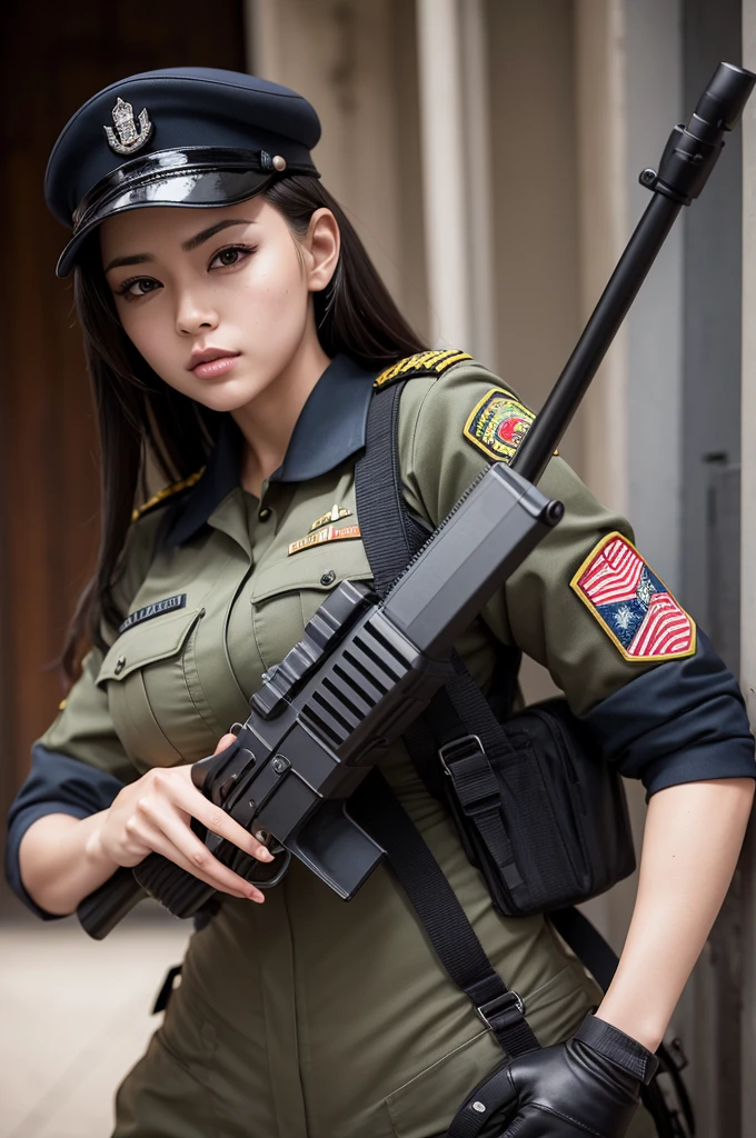 A super hot woman in uniform holding a rifle.