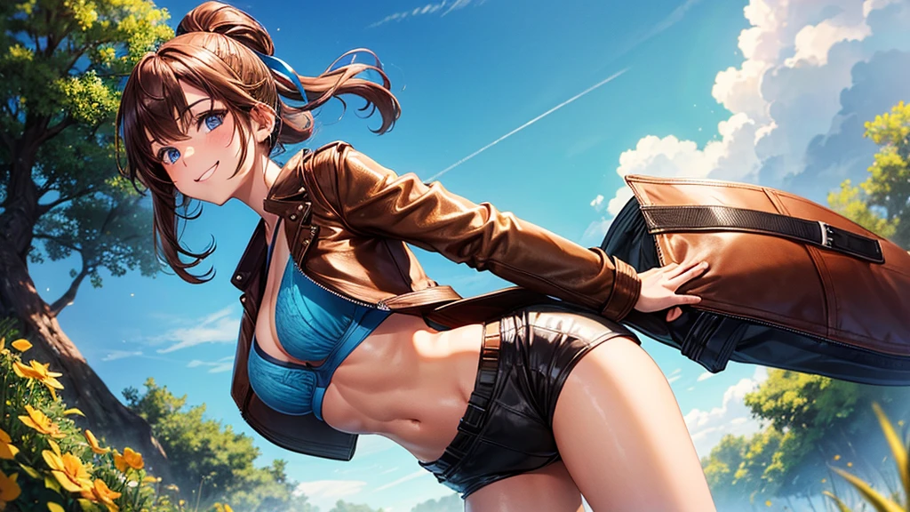 1girl, solo, full body, summer, village, trees, sun, clouds, ((colorful hair)), ponytail, large full breasts, ((brown leather jacket)), brown leather shorts, ((blue bra)), blue eyes, skirt, smile, looking at the viewer, standing, hair ribbon, golden necklate