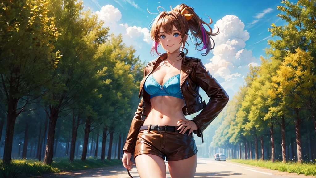 1girl, solo, full body, summer, village, trees, sun, clouds, ((colorful hair)), ponytail, large full breasts, ((brown leather jacket)), brown leather shorts, ((blue bra)), blue eyes, skirt, smile, looking at the viewer, standing, hair ribbon, golden necklate