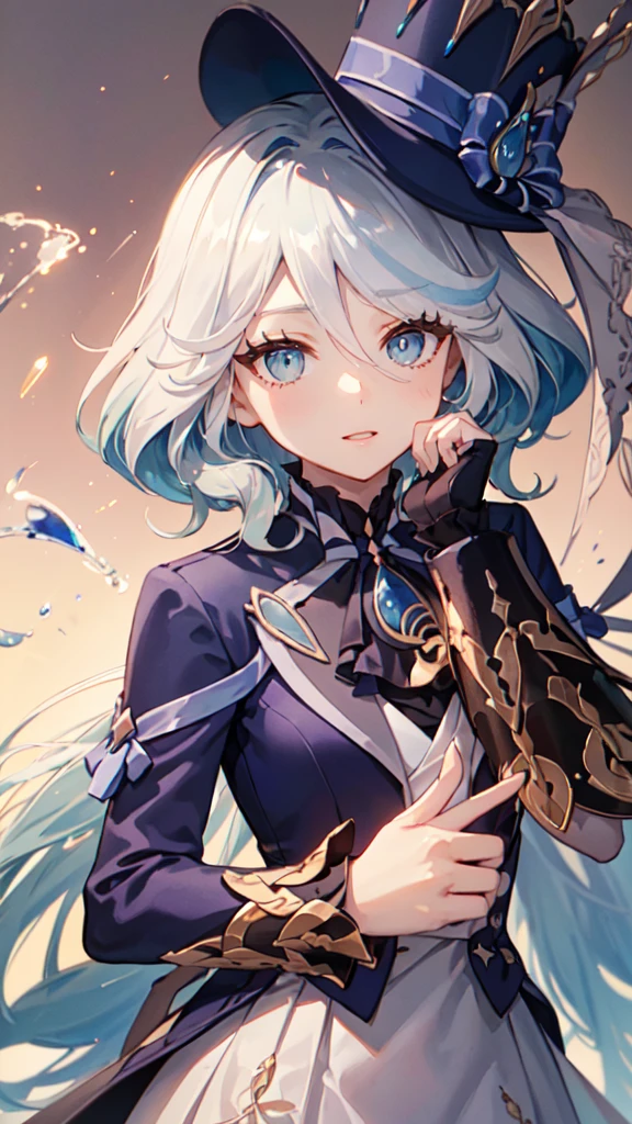 (White skirt),(((Wearing a small black hat)))Forrina, Surrealism, 8K, Super Detail, Hydraulic Archon, permanent, Naughty face, smug, beautiful eyes, masterpiece, high resolution, 8K, Anime woman, The writing is delicate and meticulous 、Detailed digital illustration、(((Genshin Impact))、Shiny hair、A very beautiful woman、High image quality, high quality、Detailed background、The inside of the eye sparkles like a diamond、(((Blue Hair)))、(((Scan your fringe)))、Gradient pupil、(((2 arms、4 fingers, 1 thumb)))、Detailed female face、A very beautiful woman、、Detailed background、masterpiece、Soft Focus , Bright gradient watercolor , lens flare , (((flash))) , glow , excellent ,、((Very beautiful light blue rose hair accessories)), Long skirt,City background