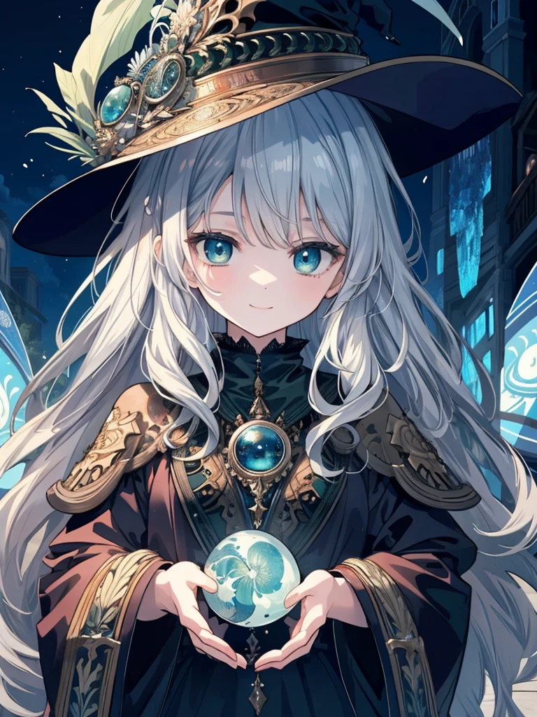 (masterpiece),(top-quality),(ultra-detailed),(high resolution),(in 8K animation),(beautifull detailed face),(beatiful detailed eyes),(anatomically correct),(Keep your head small),1girl,witch,silver hair,wavy hair,green eyes,(round eyes),bangs,smile,a lot of glowing particles,dreamcore