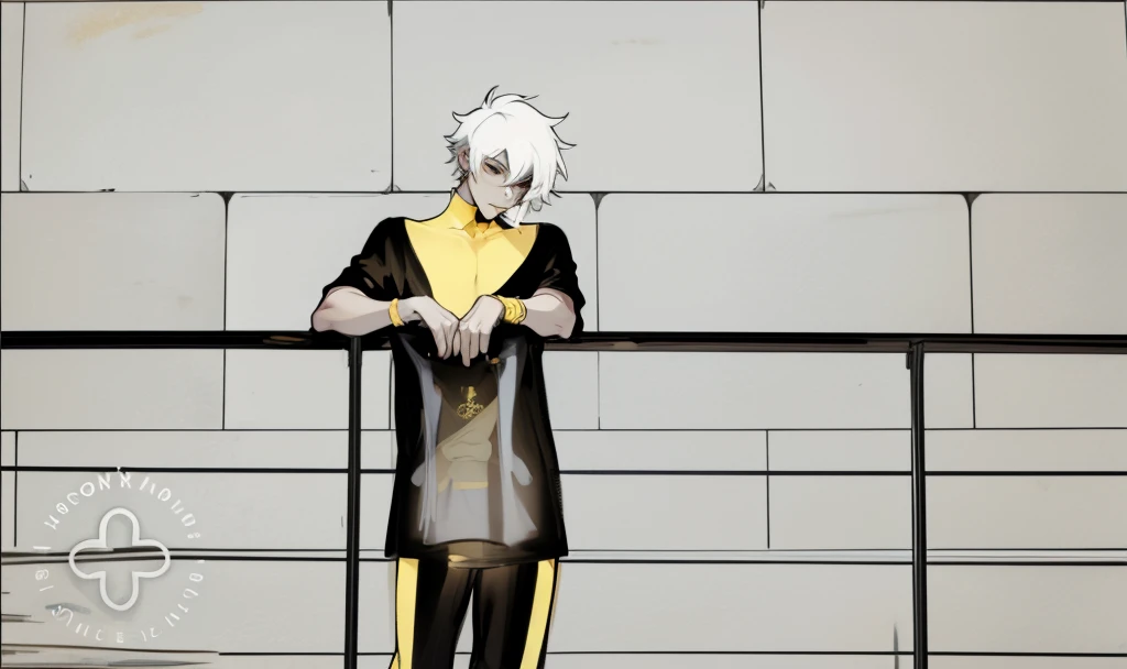 There is a young man, 28 years old, with white hair, on a balcony, he has black clothes with yellow, he has bracelets and a gold cello.