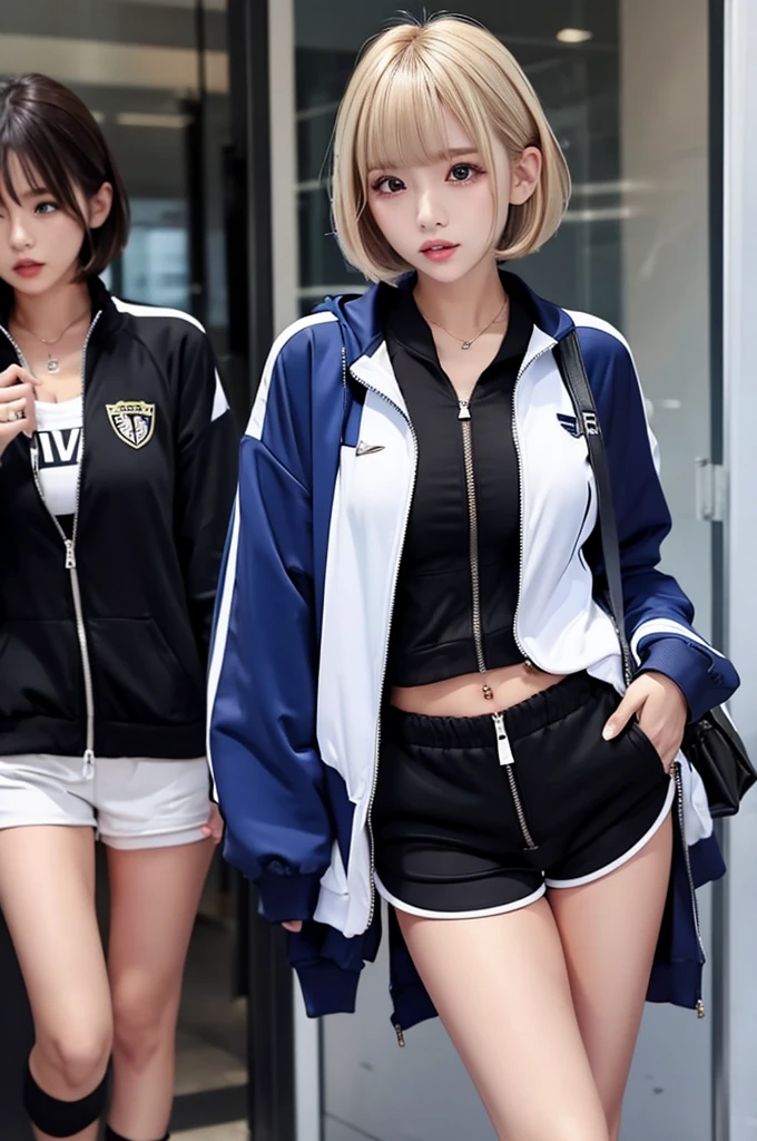 Zip-up track suits、Shorts、Blonde、Bobcut、Heavy makeup、beautiful girl、Perfect figure、