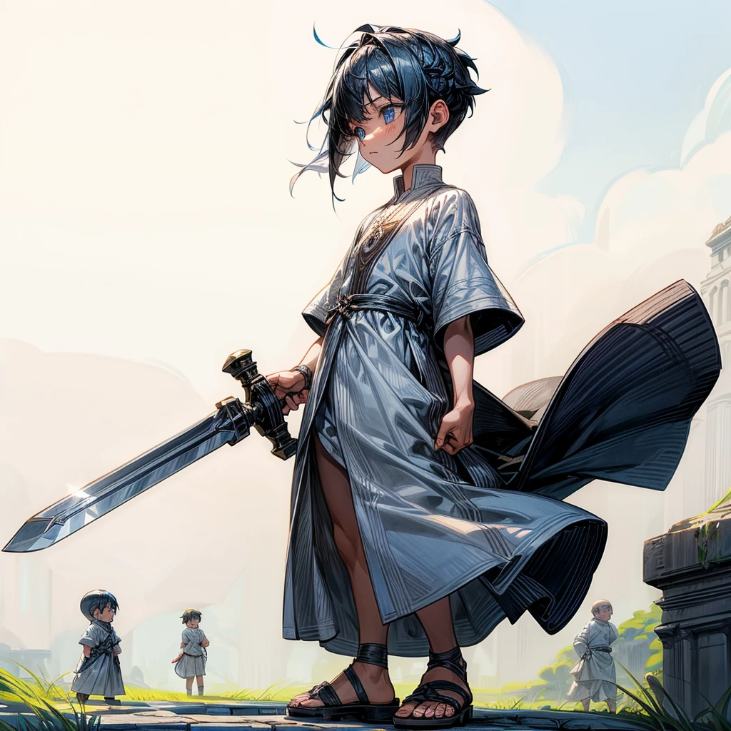 1little boys, Full body version, blue eyes, undercut hair, black colour hair, plain full white tunic Ancient Roman clothing, short sleeve shirt, gladiator sandals, plain sword in hand, Grassroots background