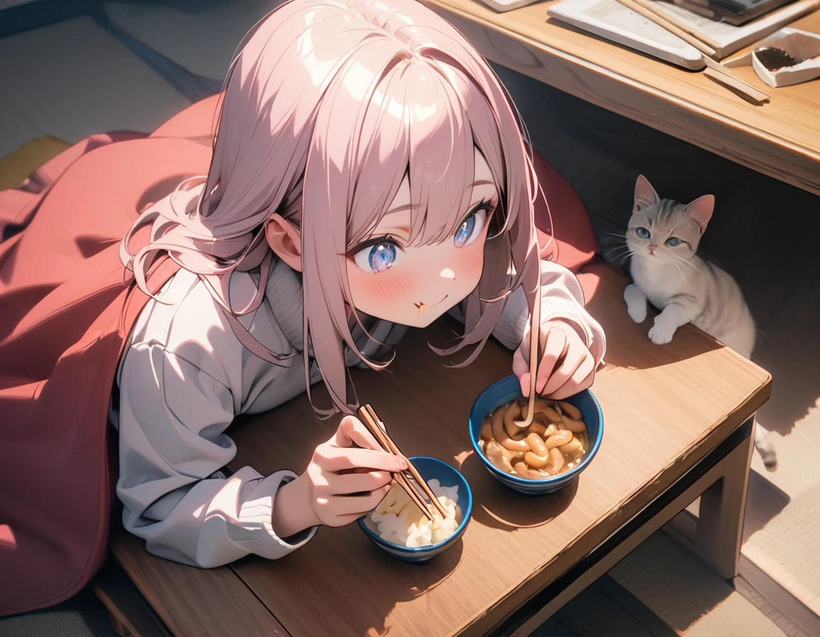 (8K, best quality, master piece: 1.2), super high resolution,1 cute girl,16yo,solo,ultra-detailed face,detailed eyes,detailed eyes,mascara,happy,Lily Pink hair,Straight hair,Long hair,Tracksuits,seiza at a table,perfect hands, perfect fingers,holding chopsticks,eating udon in a bowl,(kotatsu:1.1),indoors,table,(under kotatsu:1.2),kitten