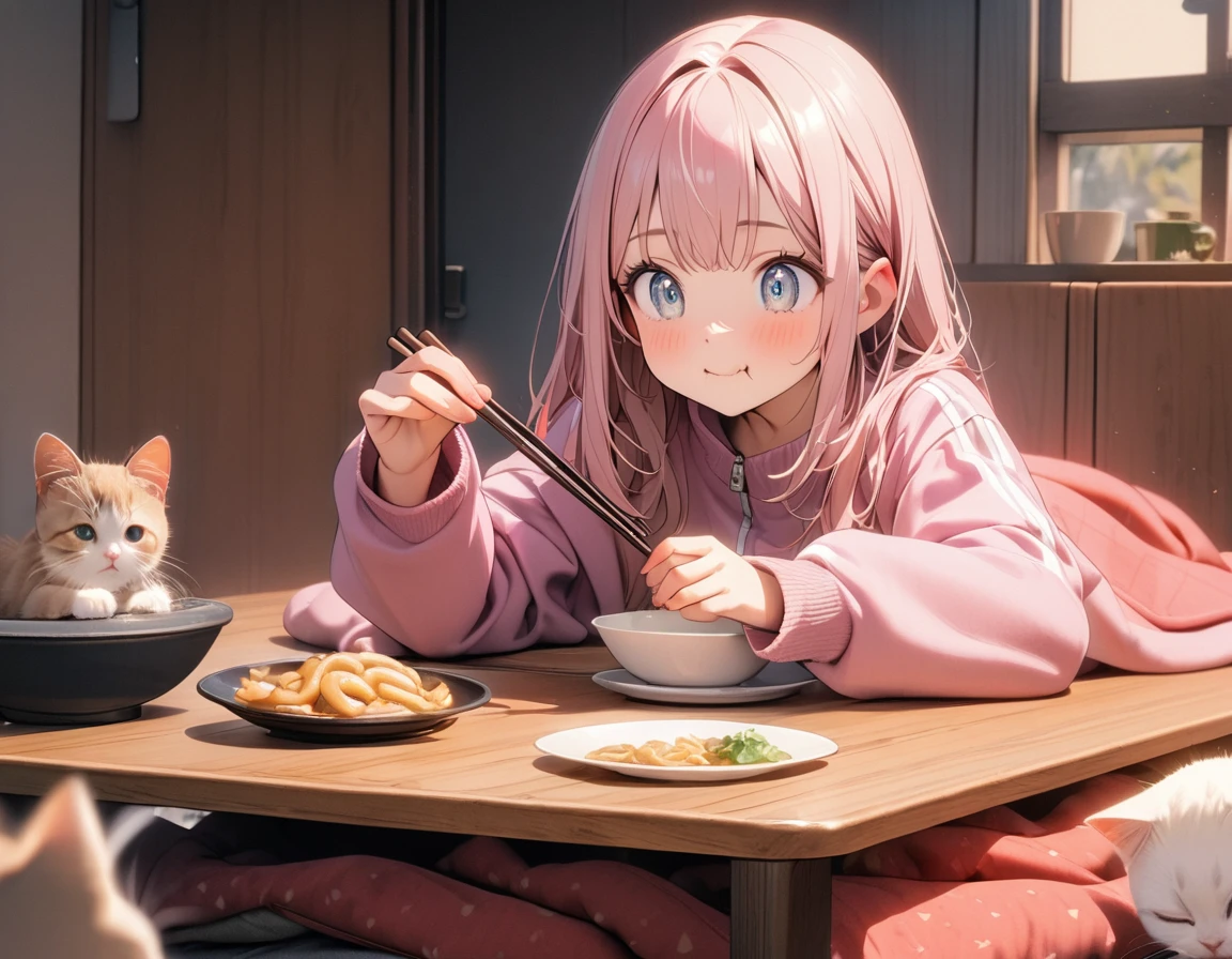 (8K, best quality, master piece: 1.2), super high resolution,1 cute girl,16yo,solo,ultra-detailed face,detailed eyes,detailed eyes,mascara,happy,Lily Pink hair,Straight hair,Long hair,Tracksuits,seiza at a table,perfect hands, perfect fingers,holding chopsticks,eating udon in a bowl,(kotatsu:1.1),indoors,table,(under kotatsu:1.2),kitten