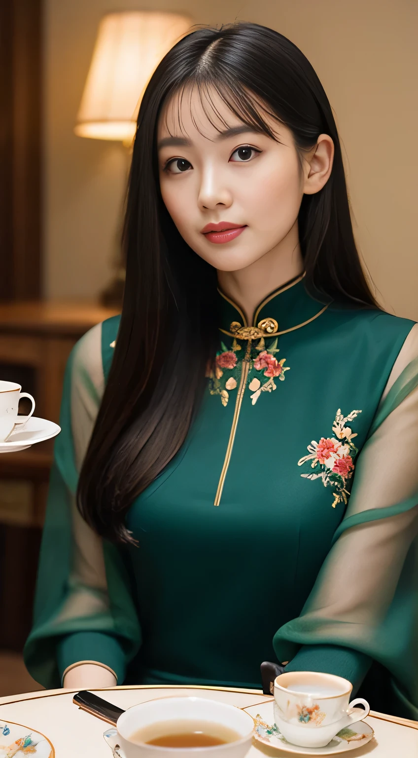 (RAW photogr:1.2),The highest quality, Ultra-high resolution, 35-year-old woman in the tea room:She has a gentle and gentle temperament,Long hair shawl,Wear a traditional Chinese cheongsam,Wear a pair of embroidered shoes on her feet。She sat at the coffee table,Holding a teacup in his hand,I am enjoying the fragrant tea,The tea room is furnished with tea sets and some classical decorations,It creates a quaint and elegant atmosphere。