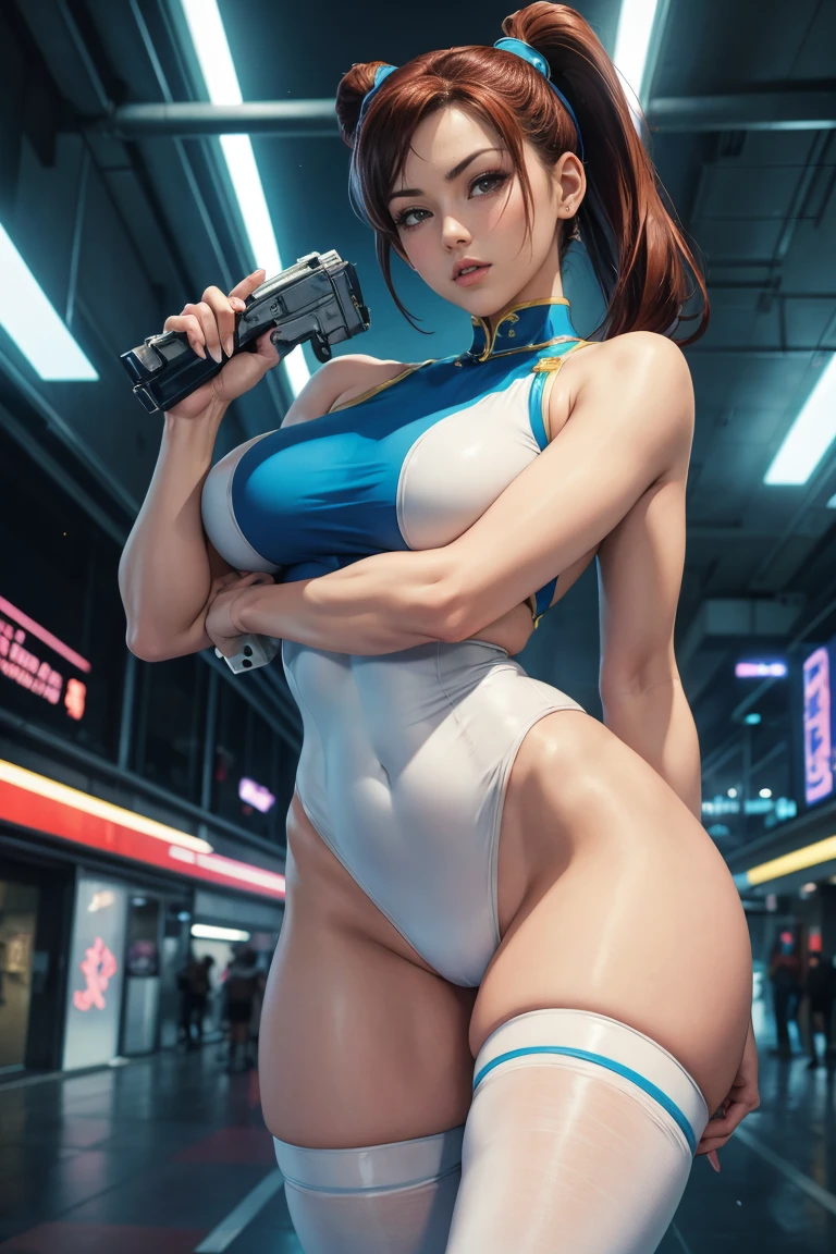 Chun-Li from Street Fighter in a tight white outfit, Skinny Frame, Thin legs, Mid-chest, Redhead beauty, Cyberpunk city background, Holding a retro space gun, Green headband, Slim waist, Thin thighs, Thin thighs, Thin thighs, Thin thighs, Thigh Gap, Thigh Gap,