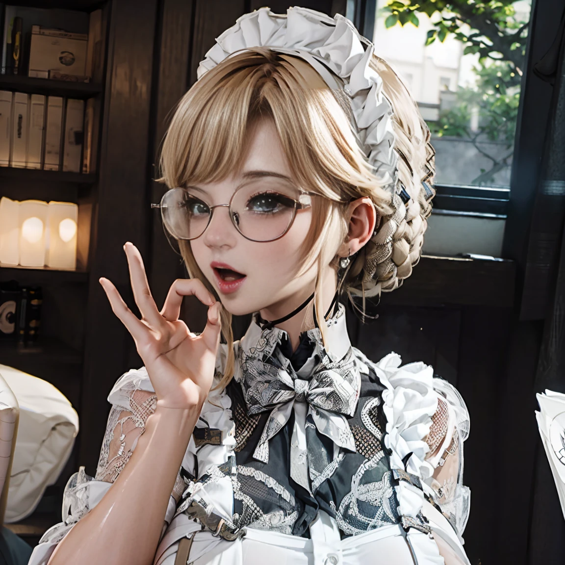 Slim and classically made、Woman wearing glasses、Show your underwear、smile、Sheer lace underwear、Transparent maid clothes、Ade、Blowjob