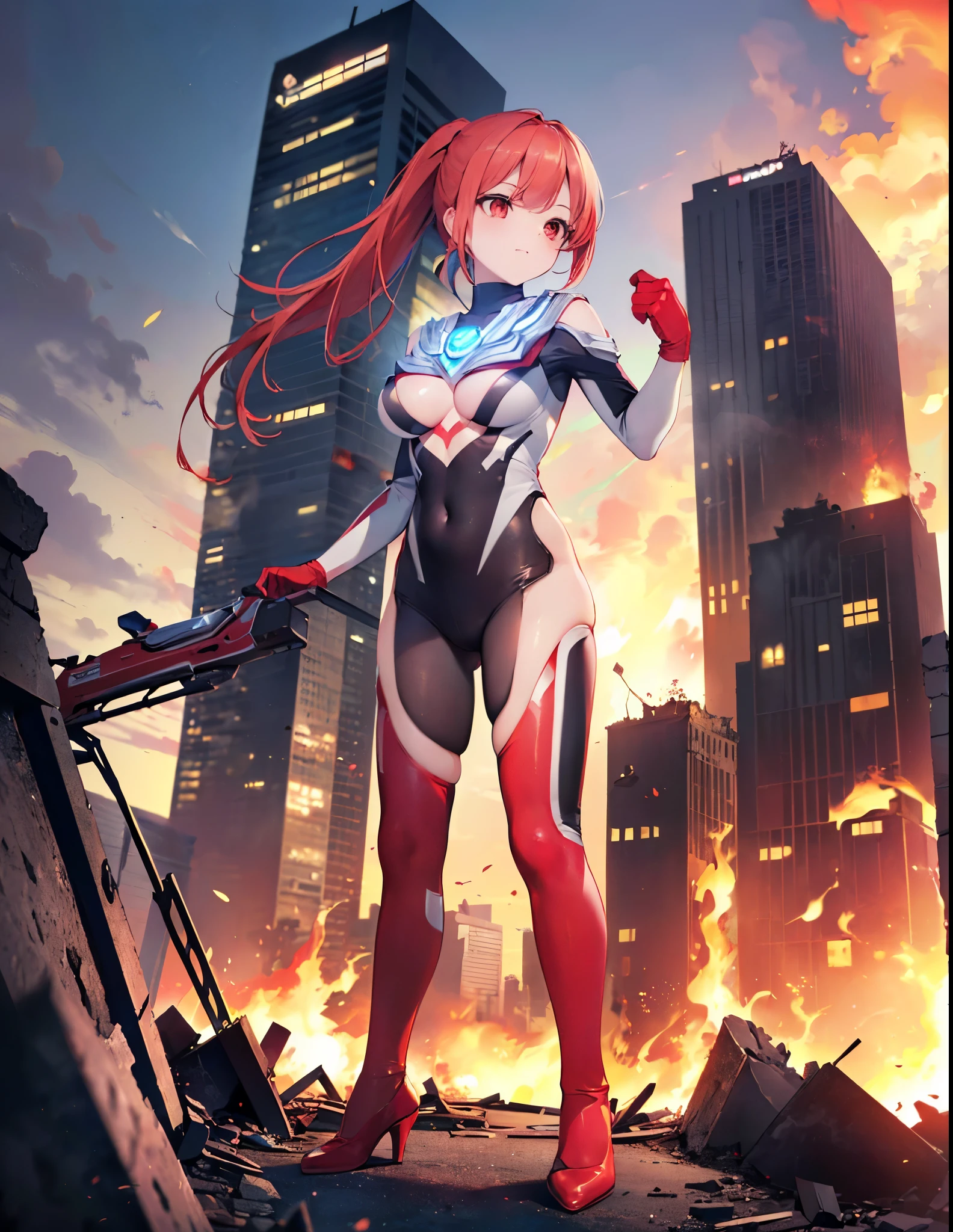 Realistic,Highest quality, Ultra Detail, High-quality CG rendering, The most delicate and beautiful, Floating softly, High resolution, (1 giant girl), (Highest quality,4K,8K,masterpiece:1.2),(All red hair:1.5), (ponytail:1.5),(Red eyes:1.5), (Ultra Girl:1.0), (Red Ultraman bodysuit:1.4),(Do not expose your skin:1.4),(Slightly larger breasts:1.5),(Place your hands in front of your chest:1.3),(Red gloves:1.3),(Red Shoes:1.3),(whole body:1.3),(Are standing:1.3),(A city engulfed in flames:1.3),(Buildings in flames:1.3),(Burning Ruins:1.3),(Fighting Pose:1.3),(Put your right hand forward:1.3)