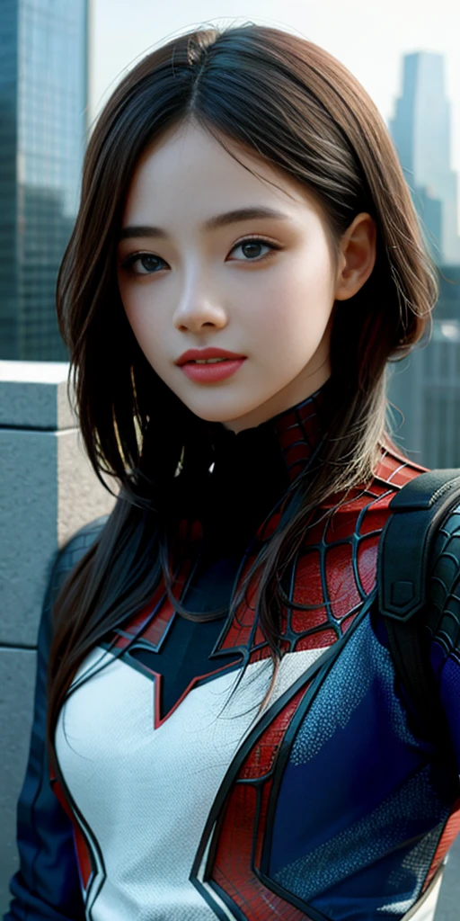 (1girl:1.3), Solo, (((Very detailed face)))), ((Very detailed eyes and face)))), Beautiful detail eyes, Body parts__, Official art, Unified 8k wallpaper, Super detailed, beautiful and beautiful, beautiful, masterpiece, best quality, original, masterpiece, super fine photo, best quality, super high resolution, realistic realism, sunlight, full body portrait, amazing beauty, dynamic pose, delicate face, vibrant eyes, (from the front), She wears Spider-Man suit, red and black color scheme, spider, very detailed city roof background, rooftop, overlooking the city, detailed face, detailed complex busy background, messy, gorgeous, milky white, highly detailed skin, realistic skin details, visible pores, clear focus, volumetric fog, 8k uhd, DSLR, high quality, film grain, fair skin, photo realism, lomography, futuristic dystopian megalopolis, translucent