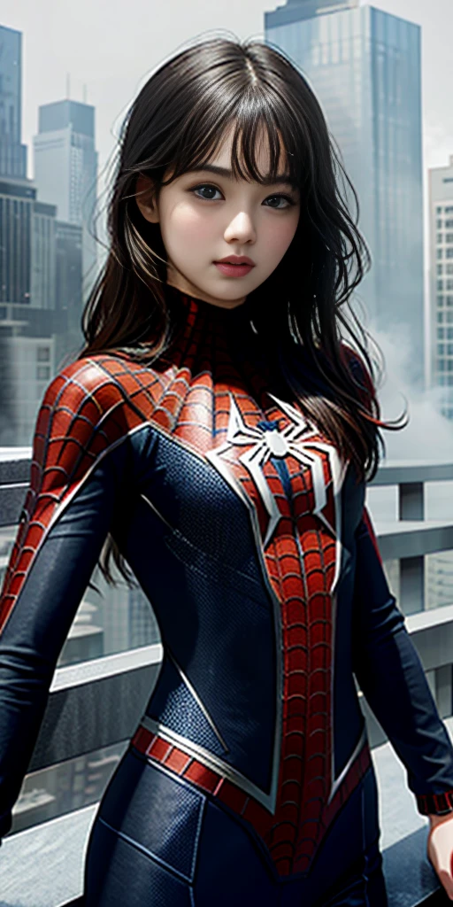 (1girl:1.3), Solo, (((Very detailed face)))), ((Very detailed eyes and face)))), Beautiful detail eyes, Body parts__, Official art, Unified 8k wallpaper, Super detailed, beautiful and beautiful, beautiful, masterpiece, best quality, original, masterpiece, super fine photo, best quality, super high resolution, realistic realism, sunlight, full body portrait, amazing beauty, dynamic pose, delicate face, vibrant eyes, (from the front), She wears Spider-Man suit, red and black color scheme, spider, very detailed city roof background, rooftop, overlooking the city, detailed face, detailed complex busy background, messy, gorgeous, milky white, highly detailed skin, realistic skin details, visible pores, clear focus, volumetric fog, 8k uhd, DSLR, high quality, film grain, fair skin, photo realism, lomography, futuristic dystopian megalopolis, translucent