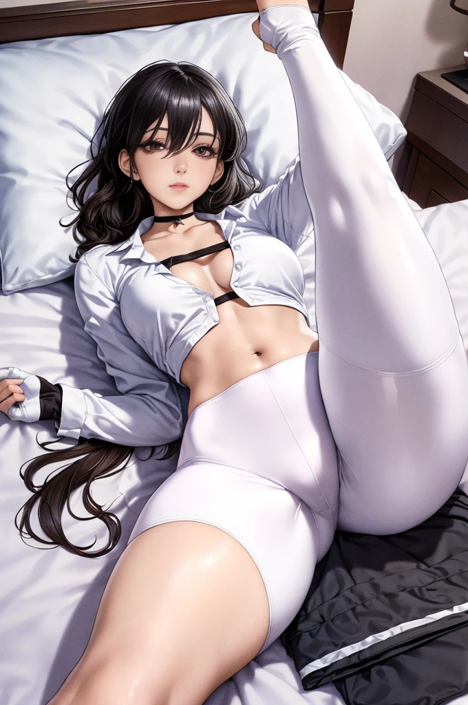 1 woman, YOUNG, Being in a hotel,(Lying on her back in bed:1.4),(Open your legs:1.4),(legs are raised :1.5),(top down view),
(((Masterpiece))), ((The best quality)), ((intricate details)), ((ultra-realistic realism)), 4k resolution, Transparent, Very detailed, lightning, 1 girl, ((big breasts)), (pink areola),perfect hand, detailed finger, Beautiful detailed eyes,wavy curly black hair, with brown eyes, (White crop top),(Breasts come out of clothes.), choker:1.6, white long sleeve button up shirt, shiny black leggings, leggings covering legs, black elbow length gloves, Bedrooms, Perfect eyes, seductive eye,raised buttocks,flushed face,(beautiful:1.2),seductive eyes