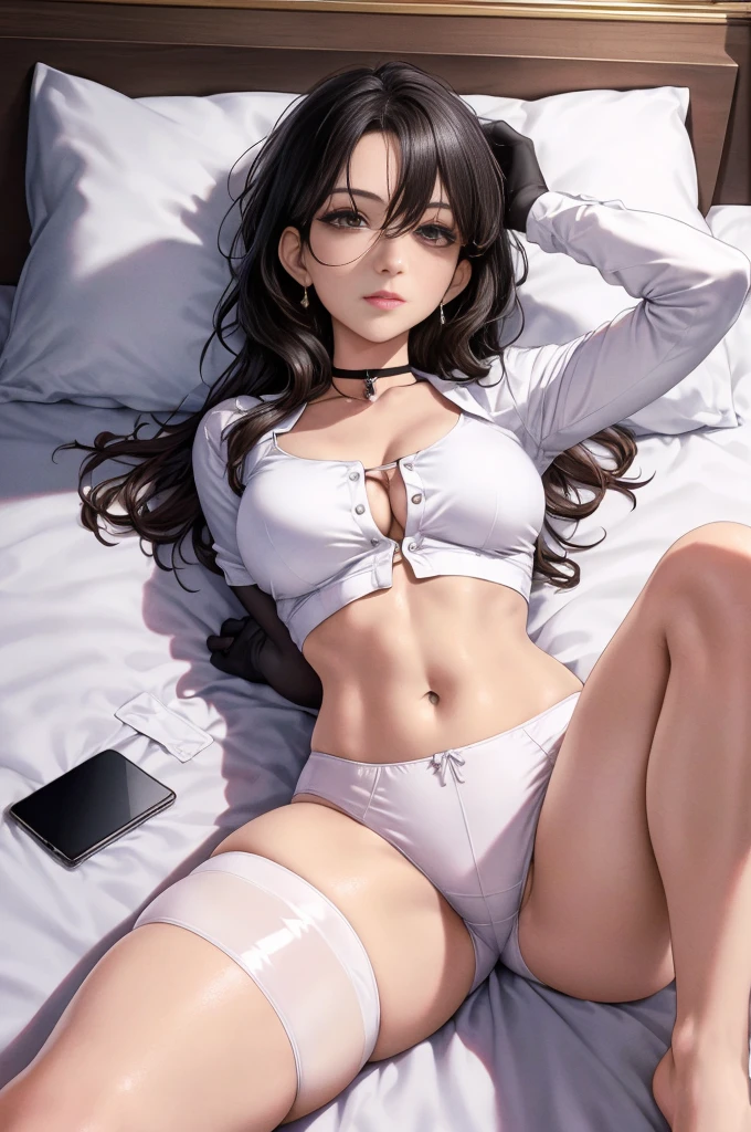 1 woman, YOUNG, Being in a hotel，(Lying on her back in bed:1.4)，(Open your legs:1.4)，(legs are raised :1.5)，(top down view)，
（（（Masterpiece）））， （（The best quality））， （（intricate details））， （（ultra-realistic realism））， 4k resolution， Transparent， Very detailed， lightning， 1 girl， （（big breasts））， (pink areola)，perfect hand， detailed finger， Beautiful detailed eyes，wavy curly black hair， with brown eyes， (White crop top)，(Breasts come out of clothes.), choker:1.6, white long sleeve button up shirt, shiny black leggings, leggings covering legs, black elbow length gloves， Bedrooms， Perfect eyes， seductive eye，raised buttocks，flushed face，(beautiful:1.2)，seductive eyes