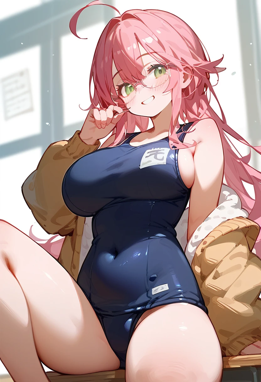 School Swimsuit、One Woman、private teacher、Big Breasts、Pink Hair、Long Hair、Straight Hair、Ahoge、Kind older sister、Pink small glasses、Green Eyes、smile、Droopy eyeature