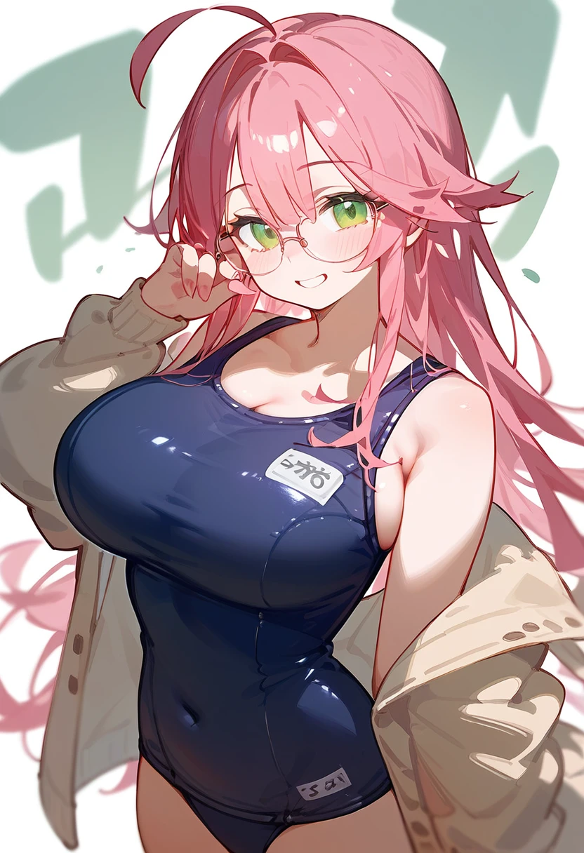 School Swimsuit、One Woman、private teacher、Big Breasts、Pink Hair、Long Hair、Straight Hair、Ahoge、Kind older sister、Pink small glasses、Green Eyes、smile、Droopy eyeature