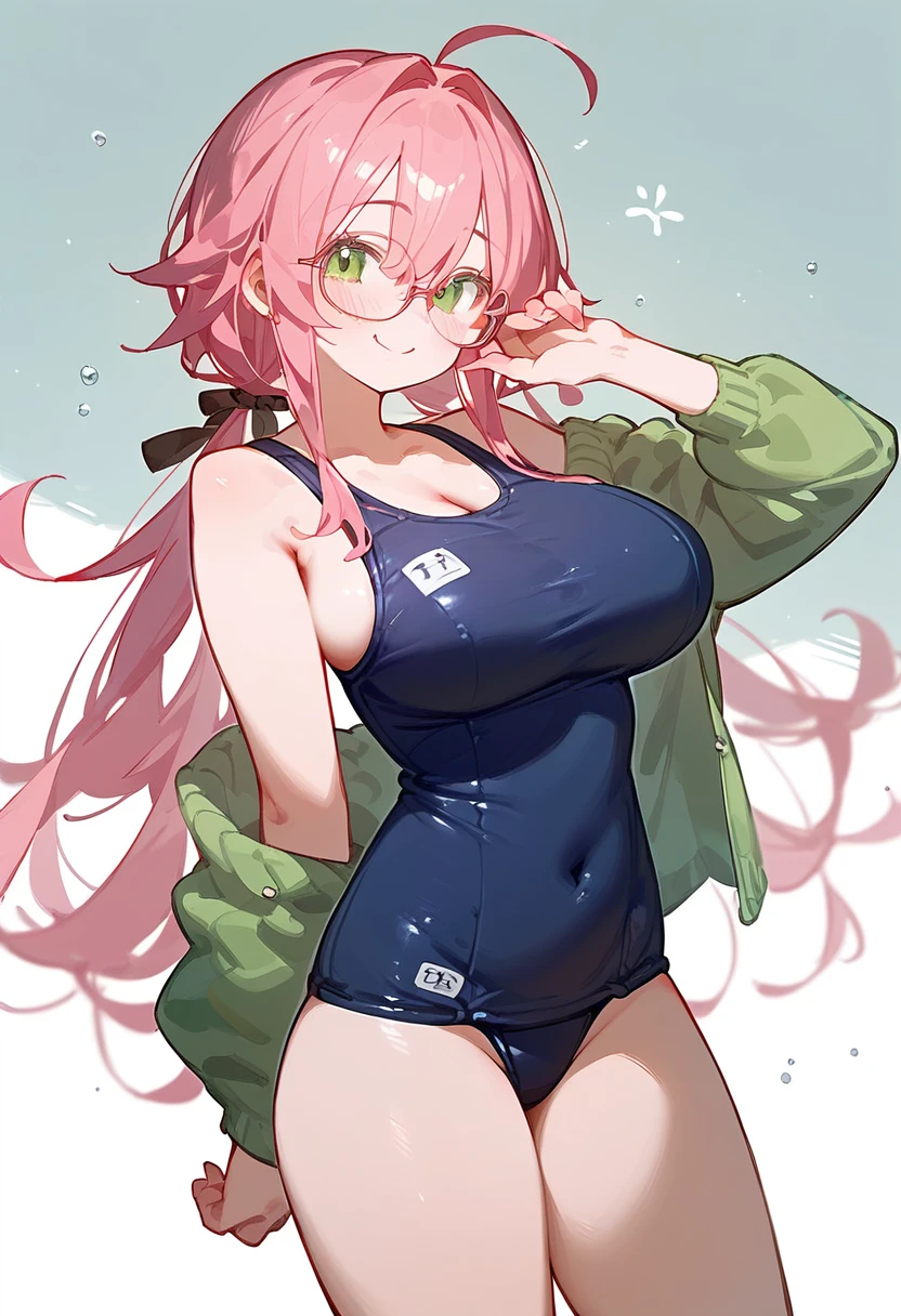 School Swimsuit、One Woman、private teacher、Big Breasts、Pink Hair、Long Hair、Straight Hair、Ahoge、Kind older sister、Pink small glasses、Green Eyes、smile、Droopy eyeature