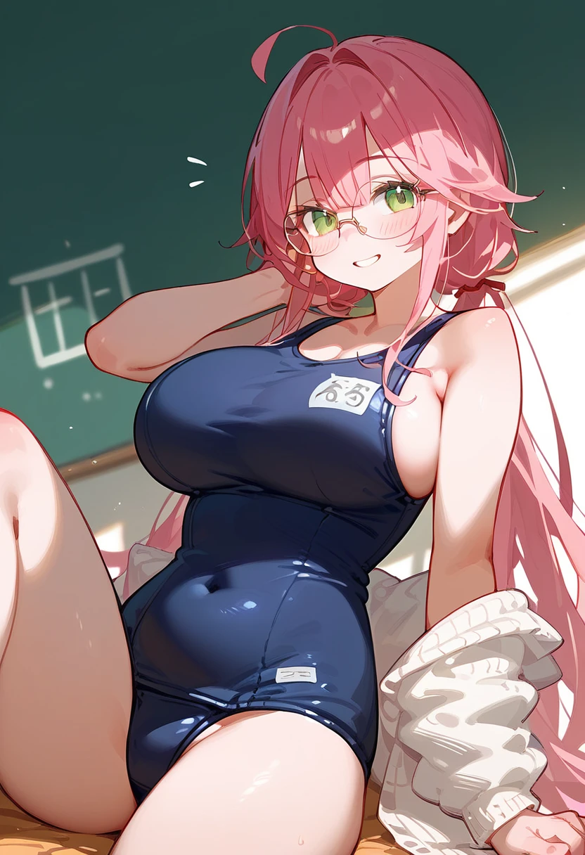 School Swimsuit、One Woman、private teacher、Big Breasts、Pink Hair、Long Hair、Straight Hair、Ahoge、Kind older sister、Pink small glasses、Green Eyes、smile、Droopy eyeature