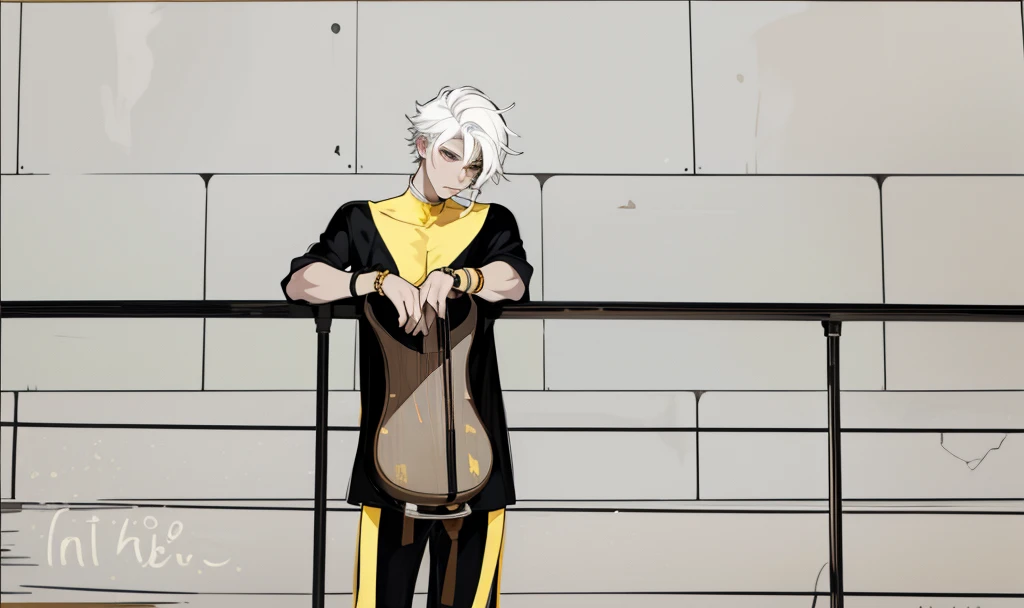 There is a young man, 28 years old, with white hair, on a balcony, he has black clothes with yellow, he has bracelets and a gold cello.