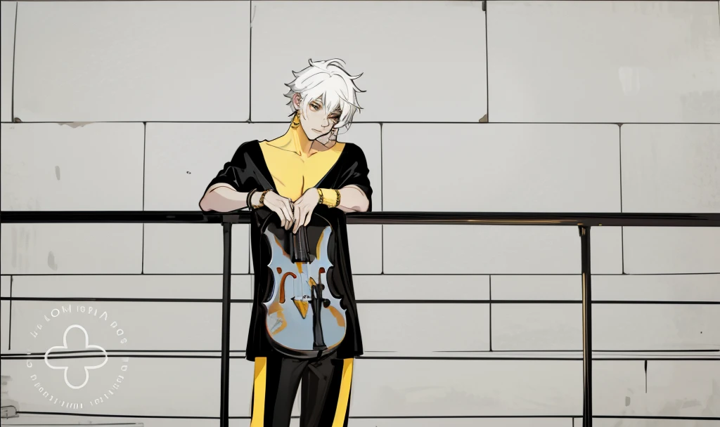 There is a young man, 28 years old, with white hair, on a balcony, he has black clothes with yellow, he has bracelets and a gold cello.