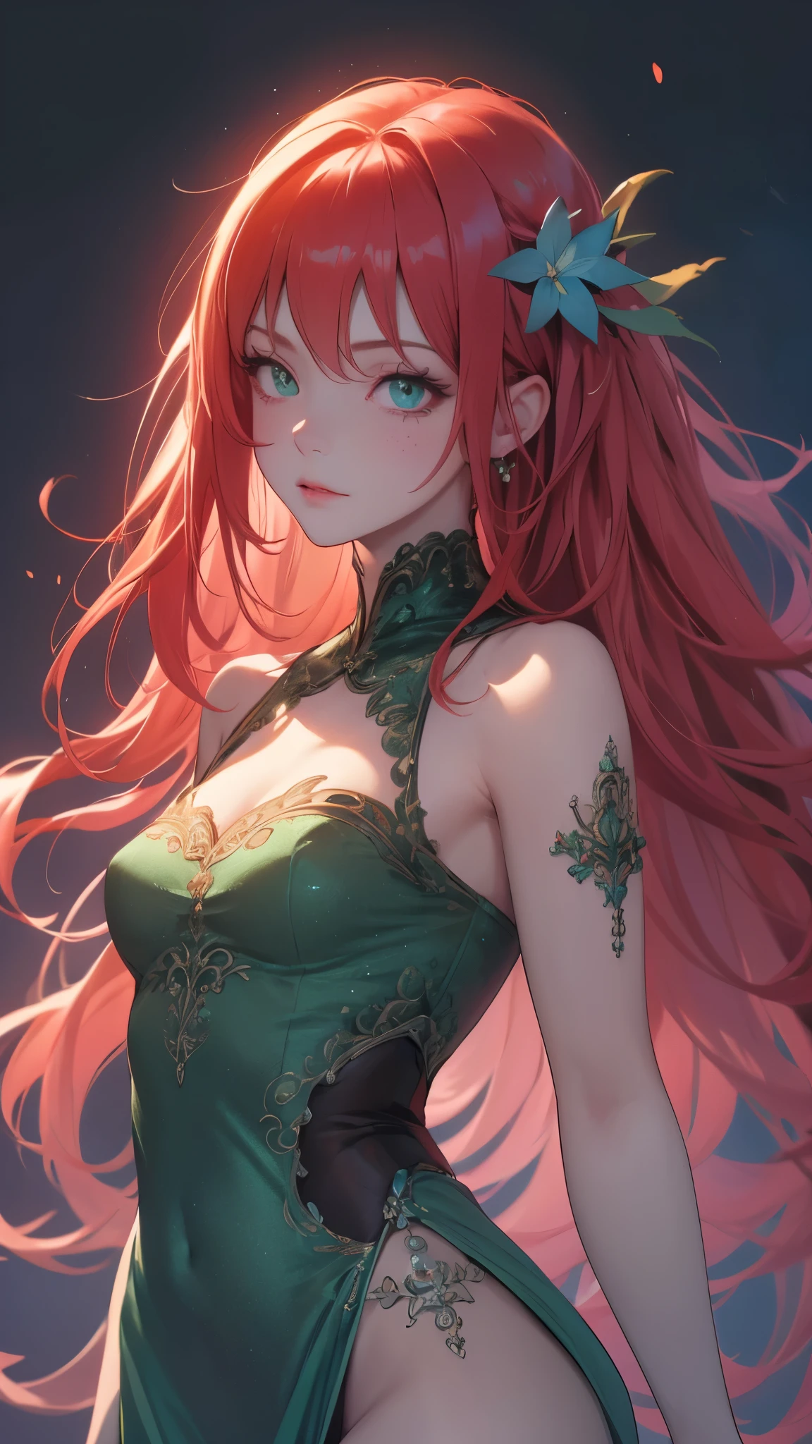 "red crimson hair" elf ears, freckles, adult  woman, sculptural body, super detailed hand, super detailed face, hyper detailed body, No defects, (emerald green eyes), focused eyes, pretty detailed eyes, pale skin, blushed face, (( wearing a black Chinese dress)), long hair, tied up hair, serious expression, frowning eyes, partes do fully body, entire limbs, ((fully body)), gorgeous fur, high resolution, 4K, Waist slender, small foot, role model, best qualityer,  long black thigh-high stockings, good lighting, simple background, darkness background