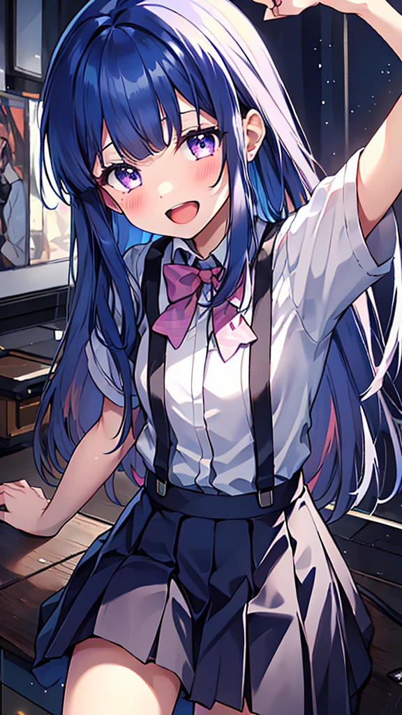 1girl, solo, furude rika, blue hair, long hair, looking at viewer, blush, bangs,flat chest, purple eyes, long hair, white shirt, shirt, bow,  short sleeves, pink bow, pleated skirt, suspender skirt,miniskirt, collared shirt,  bow tie, pink bow tie,(leaning forward,arms behind back),open mouth,smile,happy,masterpiece,Noise Reduction,perfect anatomy,high resolution, ultra-detailed,game cg,dutch angle ,beautiful detailed eyes,visualart,five fingers, perfect hands, perfect lighting,