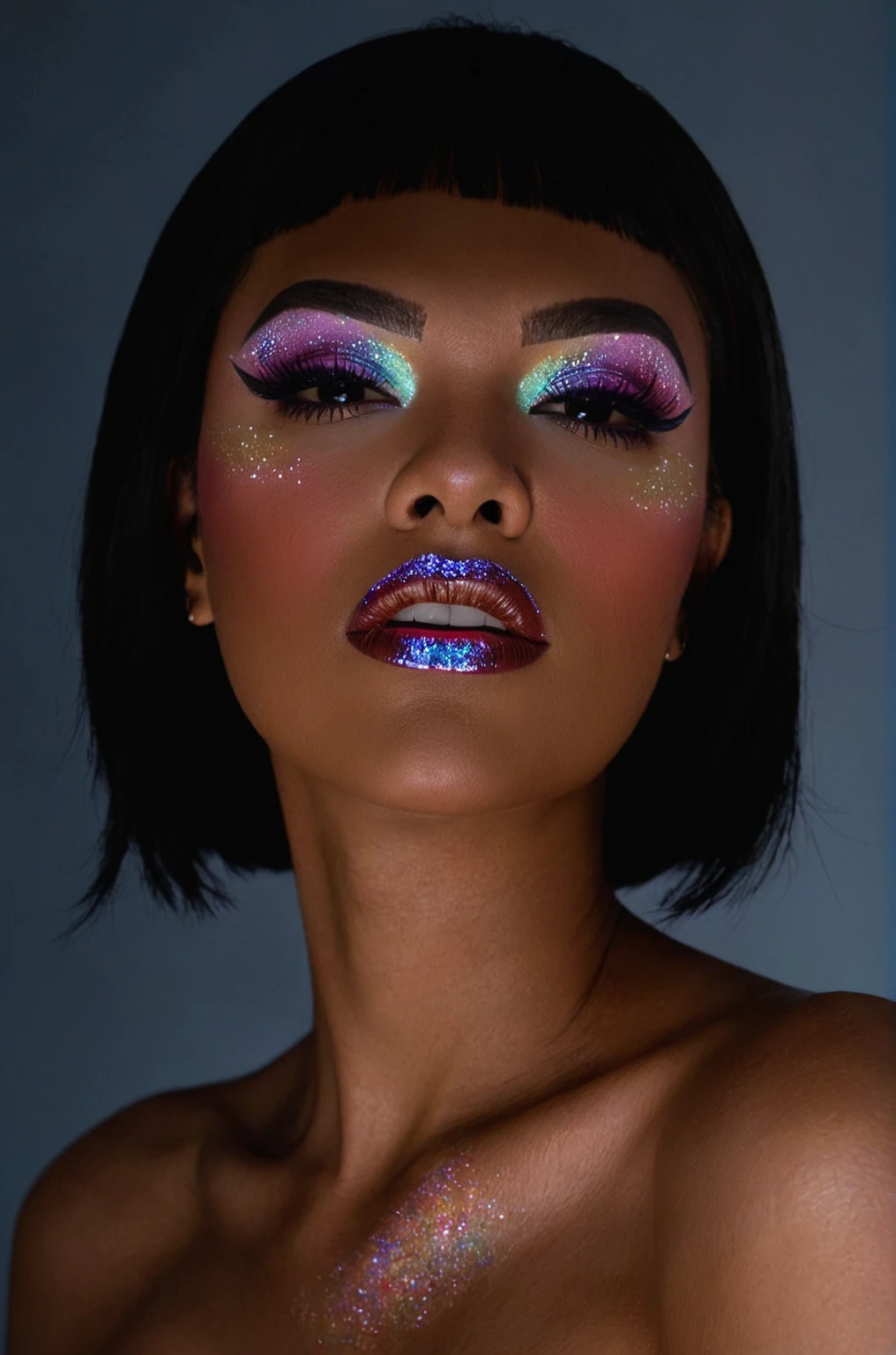 Close-up shot of a MagMix Girl's face, realistic skin texture, drag queen, makeup, studio light, dark background