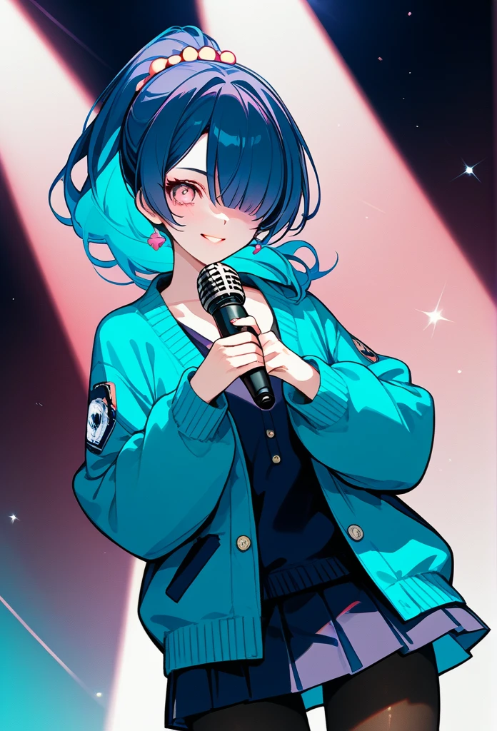 mature woman, mature face, pink eyes, shy expression, shy face, nervous smile, glossy lips, ponytail hair, (blue hair color, pink gradient hair color, azure color hair), bangs covering left eye, left blinding bangs hairstyle, mature body, small breasts, dark blue cardigan, short skirt, navy color skirt, pantyhose, idol, stage, holding microphone, (idol pose) 