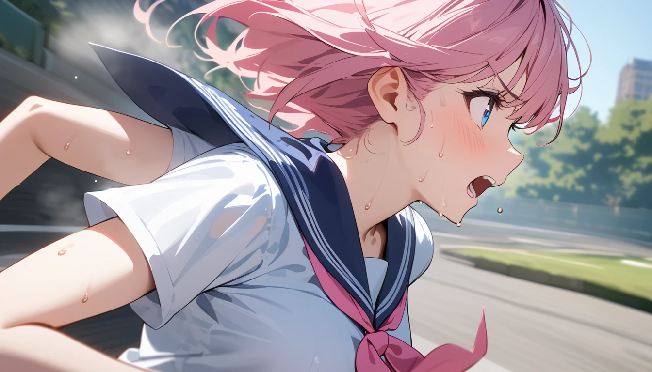 (1 girl),(Best Picture Quality, 8K, Masterpiece:1.3), (high school student:1.5), (pink lob hair), (bob hair), (slant skyblue eyes), ((white sailor short sleeve shirt, darkblue skirt, darkblue sailor collar, pink ribbon)), (super clear:1.5), (glistening skin:1.1),(pale skin:1.1), (looking ahead:1.3), ((from side:1.3)),(the beautiful scenery of the city alleys in the morning), (running:1.3),(panicking),(sweat:1.3),(steam:1.2),((close up face))