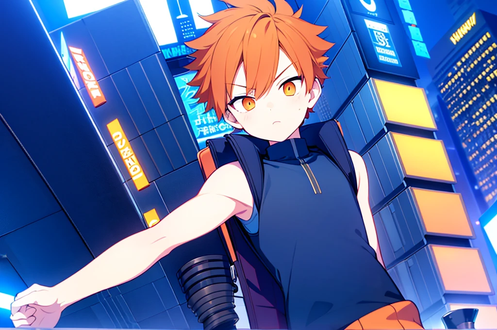 A close-up of a boy standing in a city with a backpack Child Boy in sleeveless sweatshirt in the middle of a busy Times Square style avenue, winter, leaning against one of the posts, orange hair child, wearing a cold sleeveless jacket, slightly unbuttoned jacket , masculine, little tight in the jacket, sem mangasA close-up of a boy standing in a city with a backpack  Boy in sleeveless sweatshirt in the middle of a busy Times Square style avenue, winter, leaning against one of the posts, orange hair , wearing a cold sleeveless jacket, slightly unbuttoned jacket , masculine, little tight in the jacket, sleeveless Masterpiece, Best Quality, Ultra Detailed, 1man