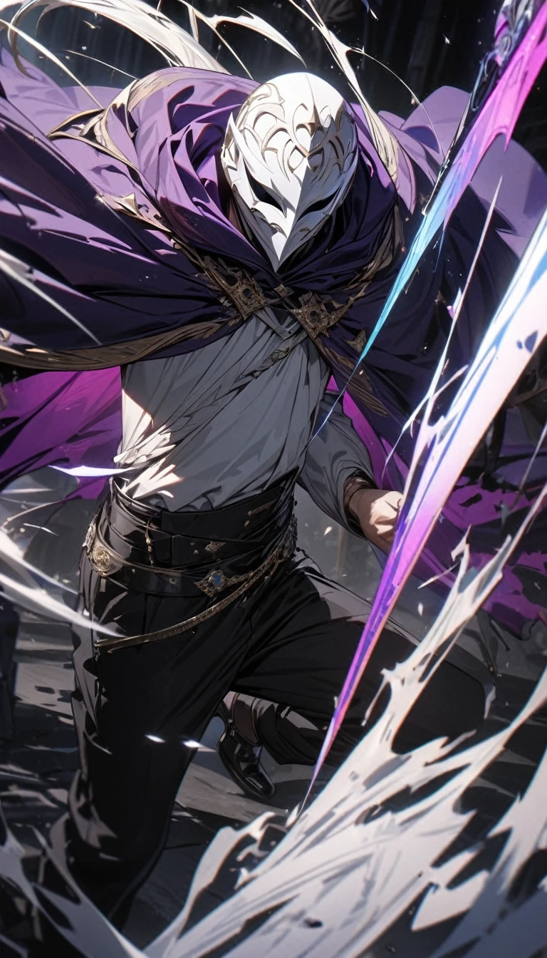 an adult man in a white villainous mask, purple hood and cloak, white sorcerer clothes, some black trousers, a magic spear, and masks flying around, Masterpiece, best quality, Full HD, 8k, ultra details, great graphic