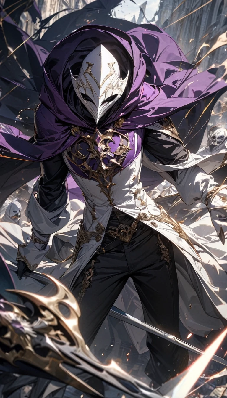 an adult man in a white villainous mask, purple hood and cloak, white sorcerer clothes, some black trousers, a magic spear, and masks flying around, Masterpiece, best quality, Full HD, 8k, ultra details, great graphic