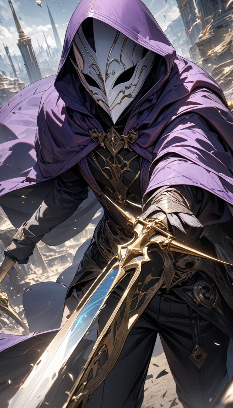 an adult man in a white villainous mask, purple hood and cloak, white sorcerer clothes, some black trousers, a magic spear, and masks flying around, Masterpiece, best quality, Full HD, 8k, ultra details, great graphic