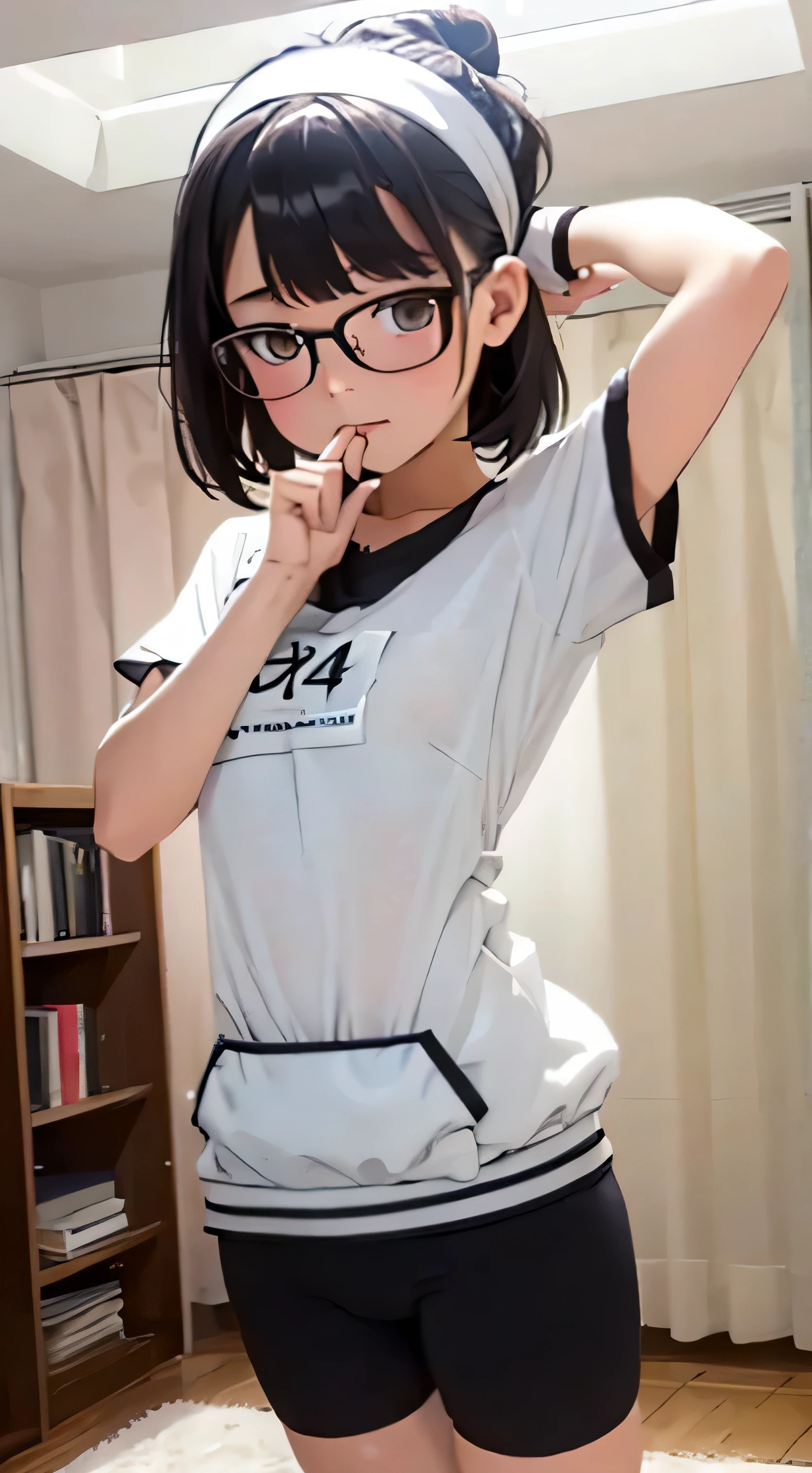 (Tabletop, Highest quality, Capture the cutest moment, Depth of written boundary, Ultra-detailed, Ultra-high resolution, C4D, Octadale, 3D Modeling, 8K, 16K, One Girl,, ,Black-haired,short hair,Straight Hair,Light brown eyes,White headband,Wearing black glasses,Cute face), See-through gym clothes、bloomers、Shabby room,knight,Moonlight, Recall,