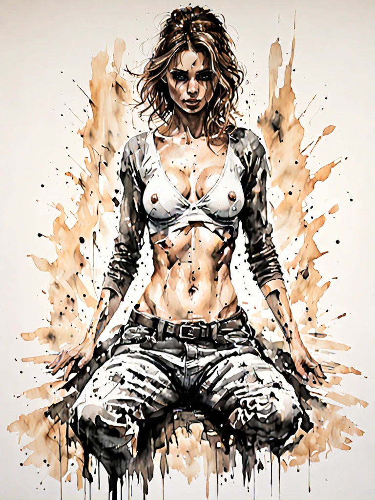 (Rachel Nichols:0.9), ink drawing of a girl by Emila Medková, in the style of hyper-realistic sci-fi, detailed perfection, hyper-realistic details, realistic woman figures, big natural breasts, no bra under her torn shirt, sitting with legs wide open in a backwards wooden dinner table chair, unbuttoned pants, pants with holes in them exposing skin, unzipped pants, intricate details,ultra detailed, masterpiece, gorgeous female, mesmerizing eyes,
heavy use of palette knives, hyper-realistic pop, frayed,
