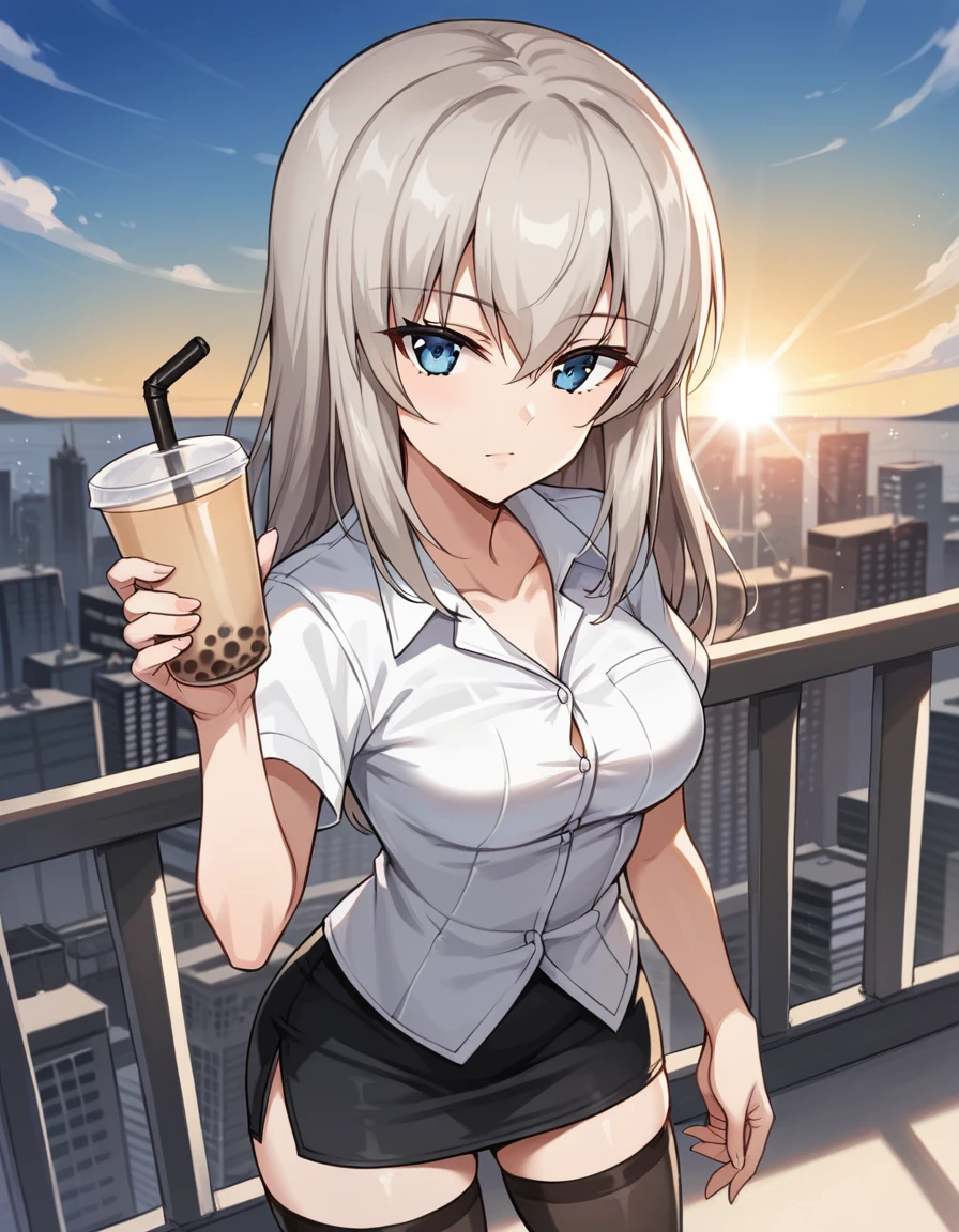 score_9, score_8_up, score_7_up, source_anime, rating_safe, BREAK itsumi erika, 1girl, blue eyes, grey hair, long hair, medium breasts, dress shirt, short sleeves, pencil skirt, black thighhighs, expressionless, happy, standing, drinking straw,bubble tea, looking at viewer, looking up, city, cityscape, sunlight, lens flare, sunset, gradient sky