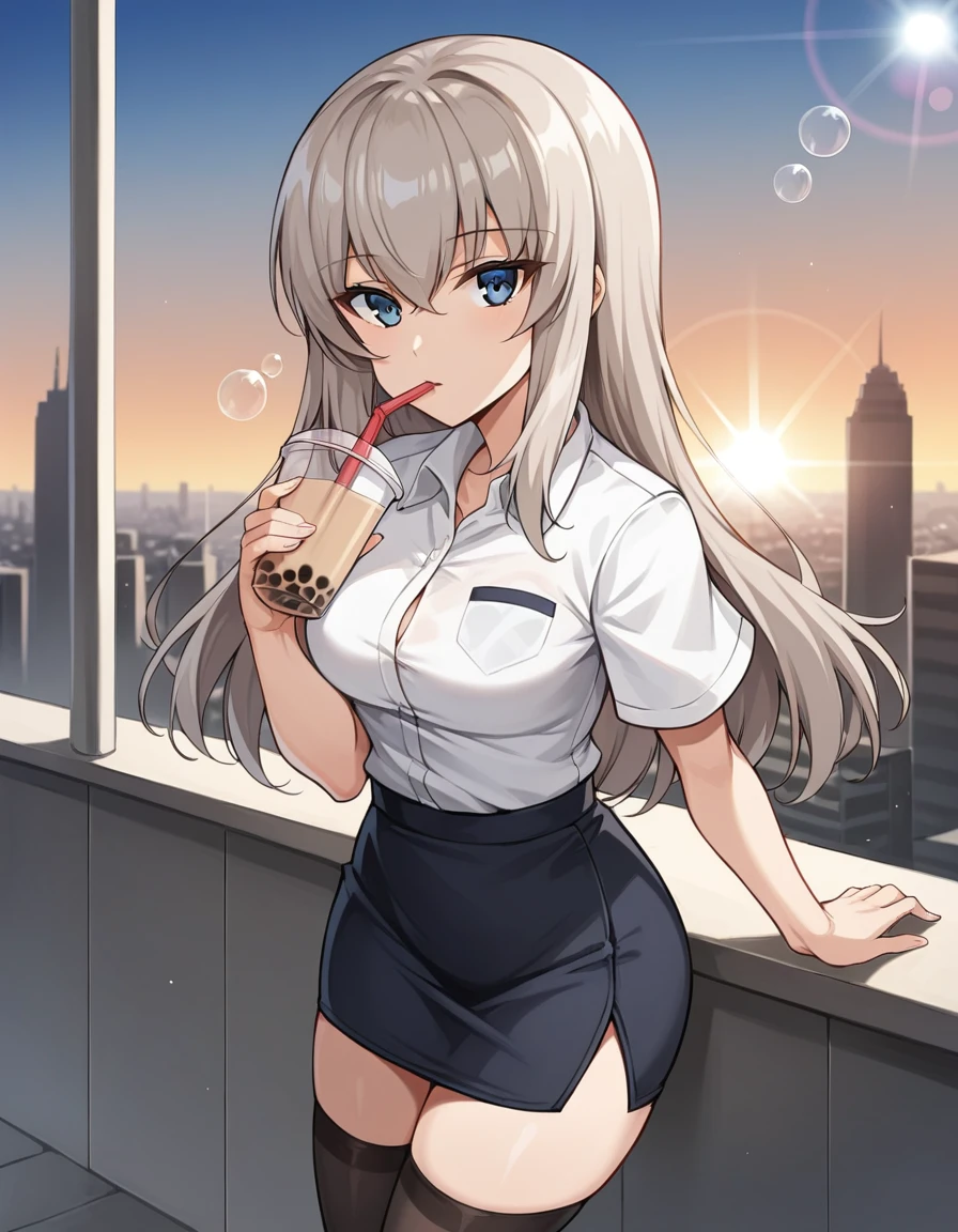 score_9, score_8_up, score_7_up, source_anime, rating_safe, BREAK itsumi erika, 1girl, blue eyes, grey hair, long hair, medium breasts, dress shirt, short sleeves, pencil skirt, black thighhighs, expressionless, happy, standing, drinking straw,bubble tea, looking at viewer, looking up, city, cityscape, sunlight, lens flare, sunset, gradient sky