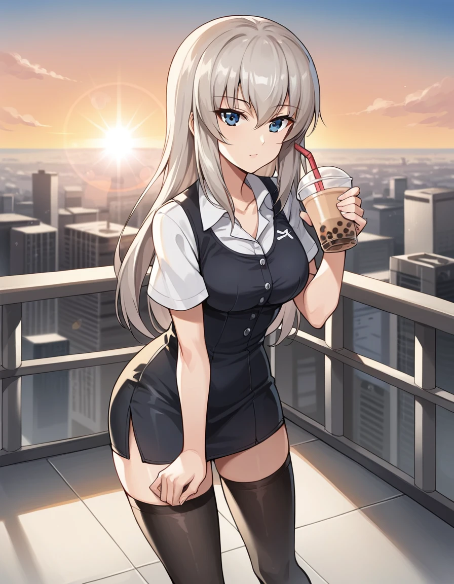 score_9, score_8_up, score_7_up, source_anime, rating_safe, BREAK itsumi erika, 1girl, blue eyes, grey hair, long hair, medium breasts, dress shirt, short sleeves, pencil skirt, black thighhighs, expressionless, happy, standing, drinking straw,bubble tea, looking at viewer, looking up, city, cityscape, sunlight, lens flare, sunset, gradient sky