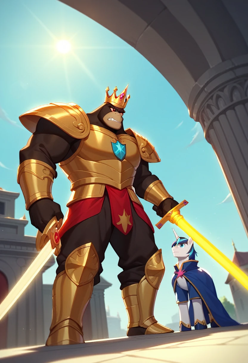 Great quality, masterpiece, Highest quality, Super detailed, Super detailed, Ultra-high resolution, Perfect Anatomy,Wide-angle lens,
King Kong, In shining golden armor, Holding the Sword, Glowing Sword, armor with Ralhibis, Outdoor, Crown, Background light,
Hong Kong Style,
Very detailed,
Ralhibis,
fluffy,