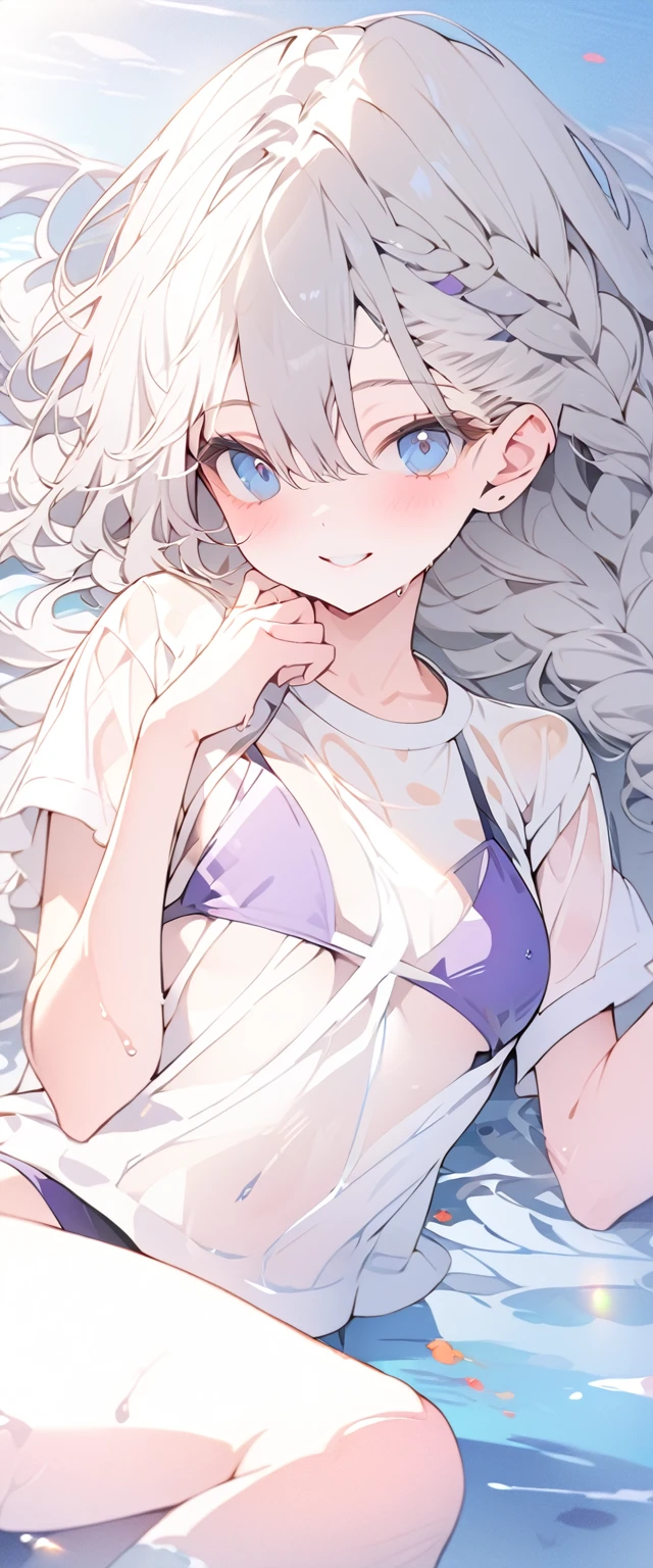 beautiful, masterpiece, Highest quality, anime, One girl,Portrait Shot, View your viewers, Covered、Long Hair、nearby、Blue Eyes、art、White hair,black streaked hair、Thighs、Braid、Wet Shirt、 Light purple bikini、Pool、Bright、smile、Lying on your back、See-through bikini
