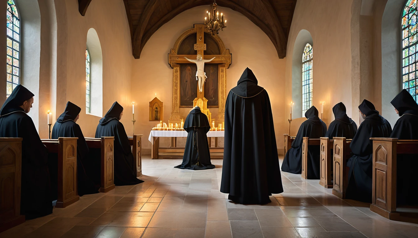 “Create a visual scene that illustrates Catholic priests with hoods, monastery, praying, high resolution, with a hood, in Prayer. Capture serene images of a calm and harmonious environment, with symbolic elements such as lit candles, a cross and the figure of Saint Benedict. security and serenity that this prayer provides."
