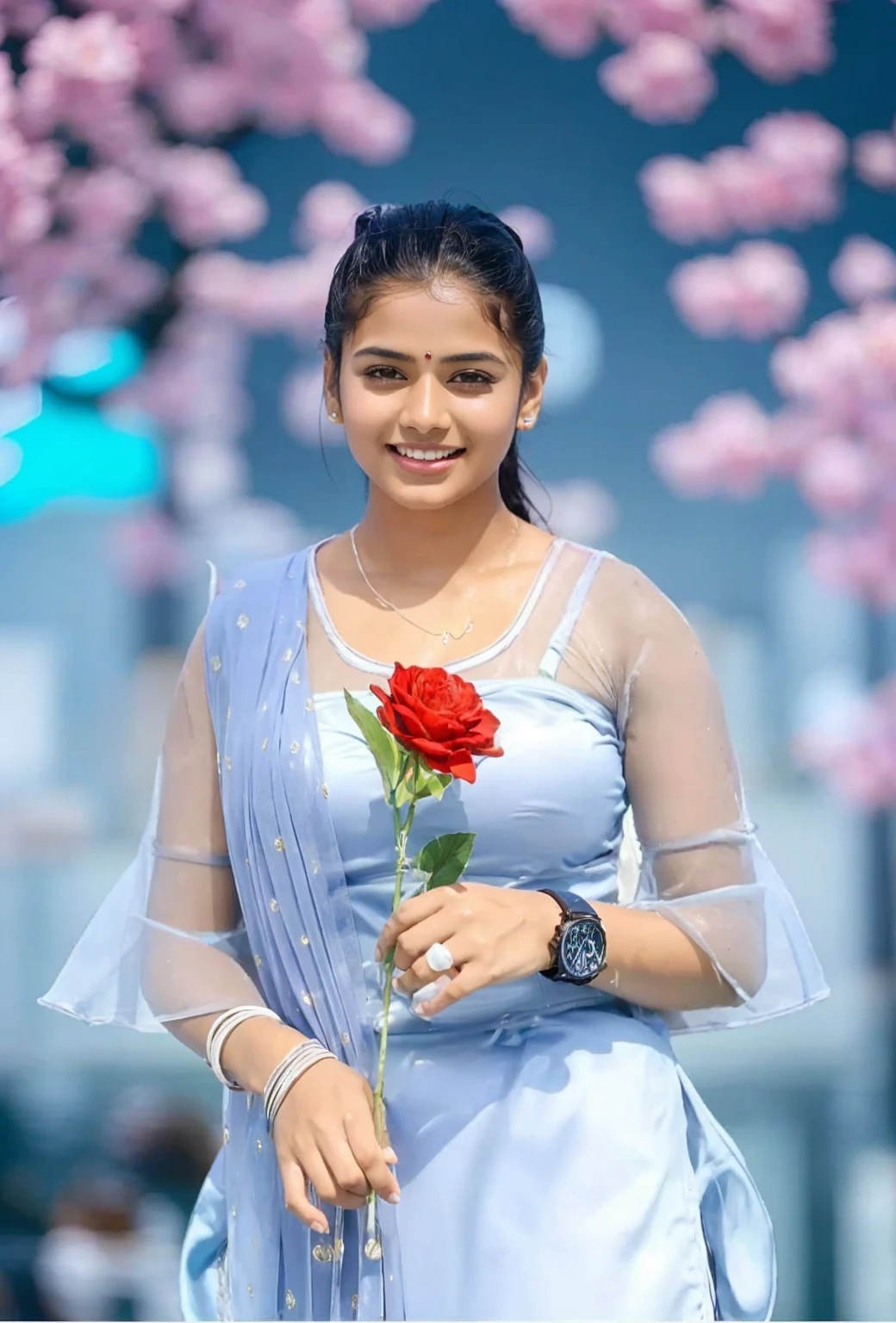 Generate a high-resolution, realistic image of a young and beautiful Indian woman bathing in a swimming pool. She has long, straight, dark hair and expressive eyes. She is enjoying herself in the pool, the water glistening around her as she smiles warmly. The setting is a clean and inviting swimming pool, with clear blue water and a sunny day. The background features a serene and pleasant poolside environment.