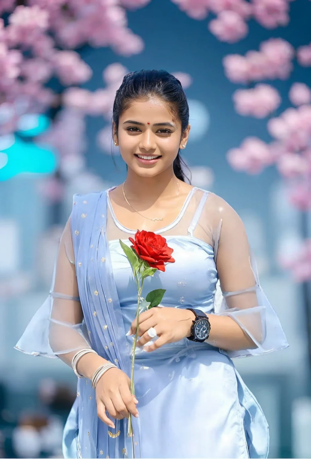 Generate a high-resolution, realistic image of a young and beautiful Indian woman bathing in a swimming pool. She has long, straight, dark hair and expressive eyes. She is enjoying herself in the pool, the water glistening around her as she smiles warmly. The setting is a clean and inviting swimming pool, with clear blue water and a sunny day. The background features a serene and pleasant poolside environment.