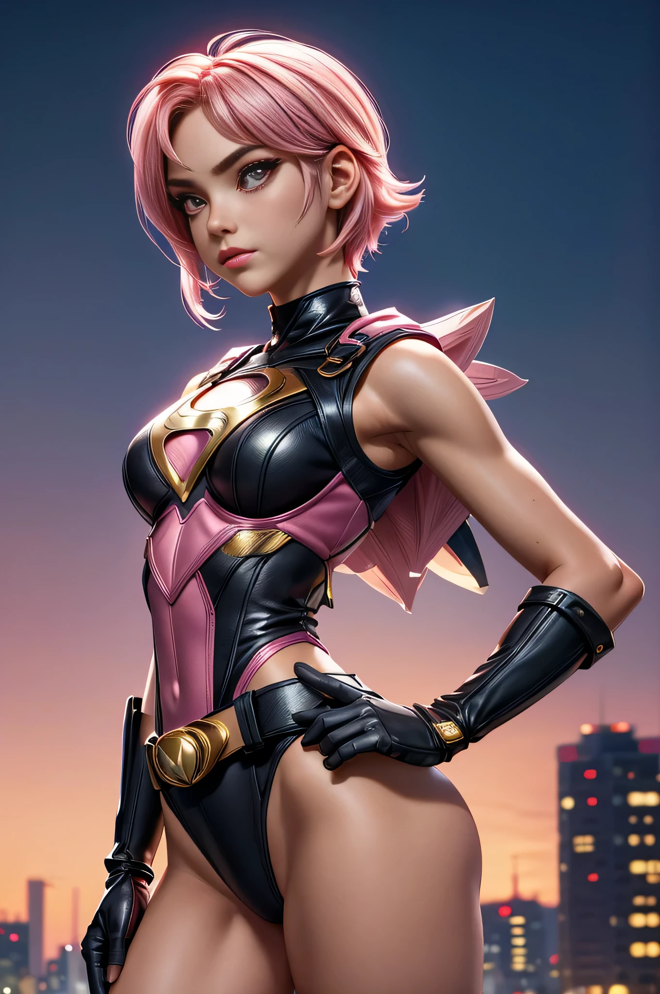 1girl, medium breasts, leotard, pink and black leotard, bare legs, tight belt, gold belt, gloves, white glove, 
city backdrop, tokyo city backdrop, solo, single, hands on hip, cowboy shot, superhero, beautiful detailed eyes, 20 year old girl, 
gold symbol on chest, mask, pink hair, short hair, bob hair, bright glowing pink eyes, sleeveless, perfect anatomy, masterpiece, (rear view)
superhero pose, 
