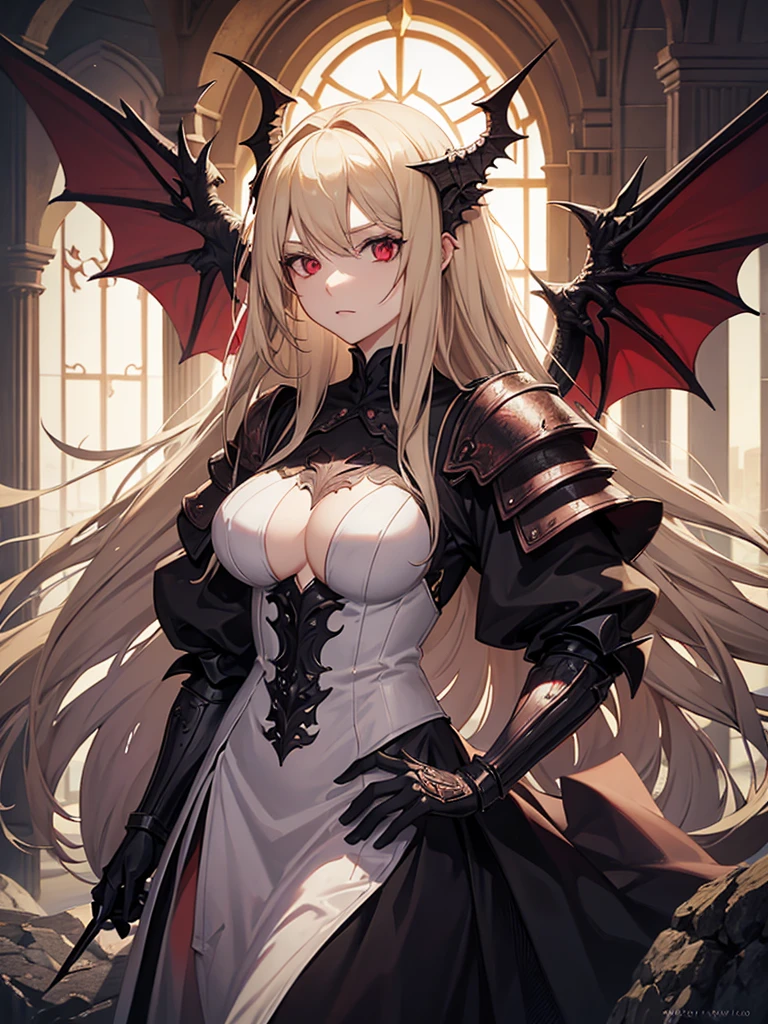 An adult woman with long blonde hair and red eyes. She would have dragon features: wings and sharp pupils like a dragon. 
She would also wear dark souls-style body armor.

Artwork based on dark souls, gothic style.