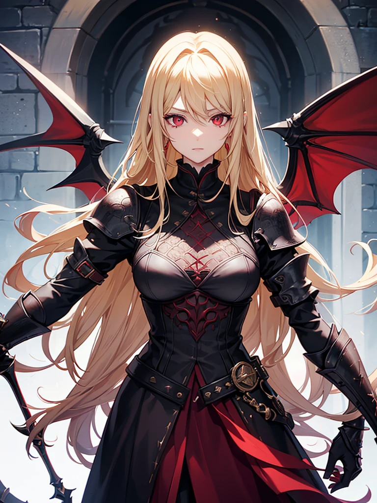 An adult woman with long blonde hair and red eyes. She would have dragon features: wings and sharp pupils like a dragon.
She would also wear dark souls-style body armor.
Artwork based on dark souls, gothic style.