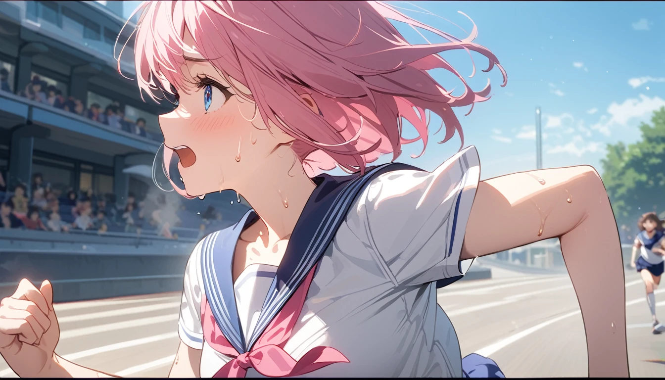 (1 girl),(Best Picture Quality, 8K, Masterpiece:1.3), (high school student:1.5), (pink lob hair), (bob hair), (slant skyblue eyes), ((white sailor short sleeve shirt, darkblue skirt, darkblue sailor collar, pink ribbon)), (super clear:1.5), (glistening skin:1.1),(pale skin:1.1), (looking ahead:1.3), ((from side:1.3)),(the beautiful scenery of the city alleys in the morning), (running:1.3),(panicking),(sweat:1.3),(steam:1.2),((close up face))