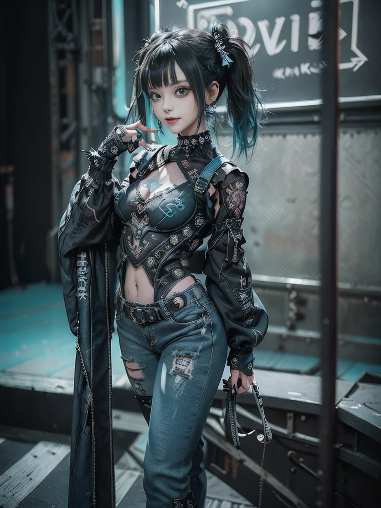 (Full Body View:1.4)、(Full body:1.3)、(Smiling with teeth showing:1.3),(Shibuya Gal:1.5)、(Gothic Lolita style fashion:1.5)、(Punk RockVisual Kei:1.5)、(Wearing a rhythmic gymnastics bodysuit with intricate details:1.4)、(Racing suit and pants with intricate turquoise, denim and charcoal decorations:1.5)、(Denim and light blue and turquoise boots:1.3)、((belt))、(Numerous delicate logo marks all over the costume:1.4)、(collar:1.3)、(Polka dot underwear:1.5)、20-year-old、NSFW、((Highest quality、In 8K、masterpiece:1.3))、Sharp focus:1.2、(Layered Cut、Huge boobs:1.1),Beautiful woman with perfect figure:1.4、(do a gravure pose:1.3)、Slender Abs:1.2、Highly detailed face and skin texture、Detailed eyes、double eyelid,(Twin tails:1.3)、(Black brown hair:1.3)、Gravure idol、(The background is the stage of the fashion show:1.3)、(Slim body:1.3),(Make your legs thinner:1.4),(clavicle:1.1)