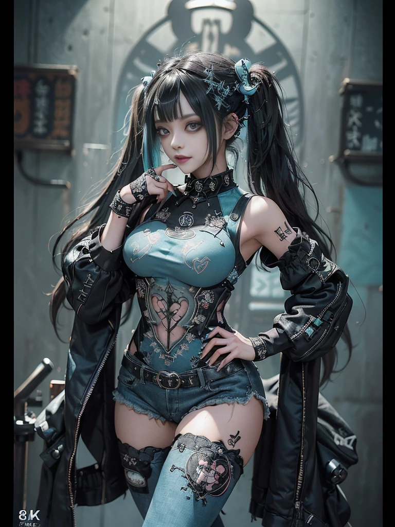 (Full Body View:1.4)、(Full body:1.3)、(Smiling with teeth showing:1.3),(Shibuya Gal:1.5)、(Gothic Lolita style fashion:1.5)、(Punk RockVisual Kei:1.5)、(Wearing a rhythmic gymnastics bodysuit with intricate details:1.4)、(Racing suit and pants with intricate turquoise, denim and charcoal decorations:1.5)、(Denim and light blue and turquoise boots:1.3)、((belt))、(Numerous delicate logo marks all over the costume:1.4)、(collar:1.3)、(Polka dot underwear:1.5)、20-year-old、NSFW、((Highest quality、In 8K、masterpiece:1.3))、Sharp focus:1.2、(Layered Cut、Huge boobs:1.1),Beautiful woman with perfect figure:1.4、(do a gravure pose:1.3)、Slender Abs:1.2、Highly detailed face and skin texture、Detailed eyes、double eyelid,(Twin tails:1.3)、(Black brown hair:1.3)、Gravure idol、(The background is the stage of the fashion show:1.3)、(Slim body:1.3),(Make your legs thinner:1.4),(clavicle:1.1)